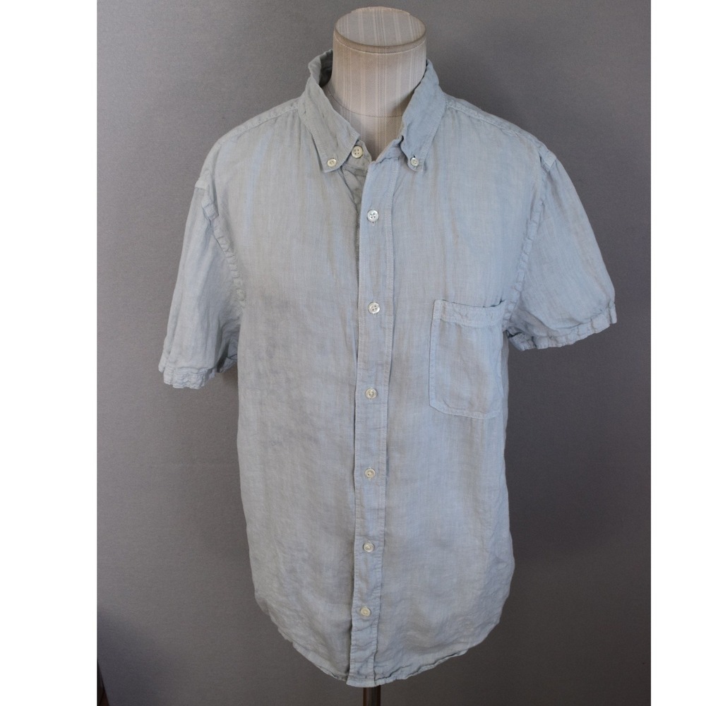 Billy Reid 100% Linen Shirt M Light Blue Short Sleeve Button Down Standard Fit